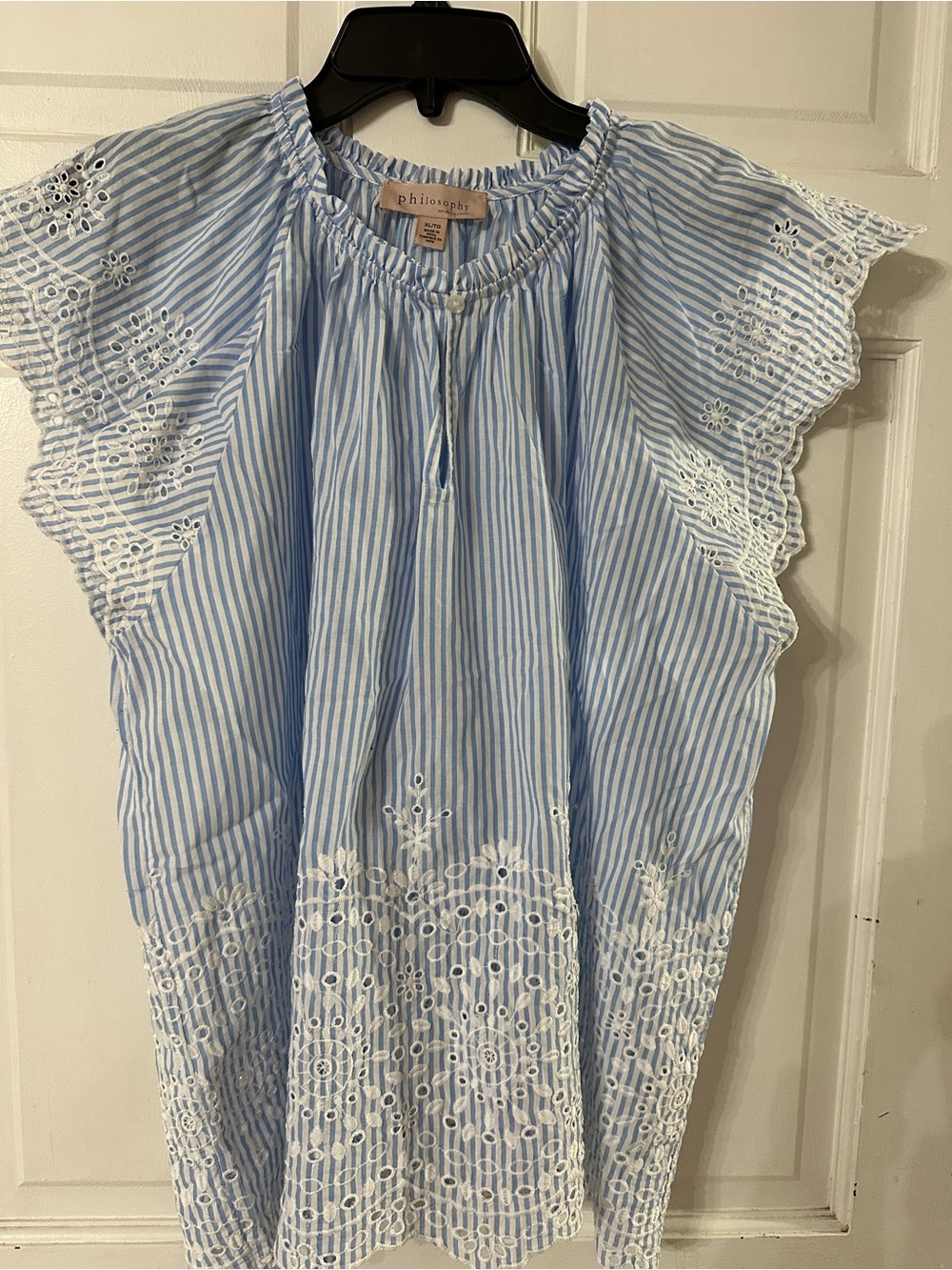 Philosophy Light Blue & White Striped Eyelet Flutter Sleeve Top